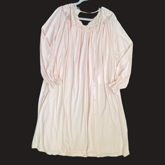 size‎ M pink Shadowline nylon vintage gown/robe set lace trim button front - Picture 1 of 10